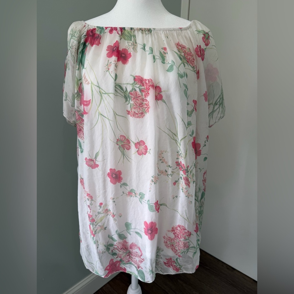 Luisa Ricci Made In Italy Off Shoulder Silk Blouse Size Large Floral Sheer Lined